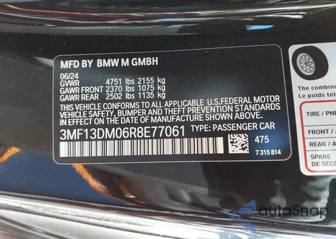 2024 BMW M2 z USA, uszkodzony, nr VIN 3MF13DM06R8E77061